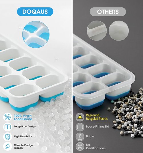 DOQAUS Ice Cube Tray - Stackable Silicone Trays with Lid & Bin for Freezer | 4 Pack with Scoop