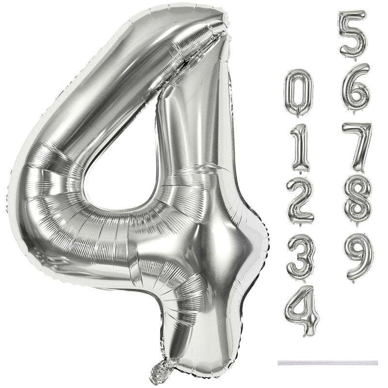 Silver Number Balloons, 40inch Large Number 4 Foil Helium Balloons for Girls Women, Self Inflating Number Balloons 0-9 for Men Boys 4th 14th 40th Birthday Anniversary Party Celebration Decoration