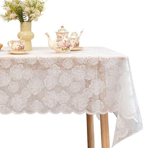 Jayla White Lace Tablecloth 54 X 54 Inches Square Camellia Flower Embroidered Wedding Table Cloths for Outdoor Party Reception, Dinner Party, Baby Shower, Tea Decorations, Home Decor