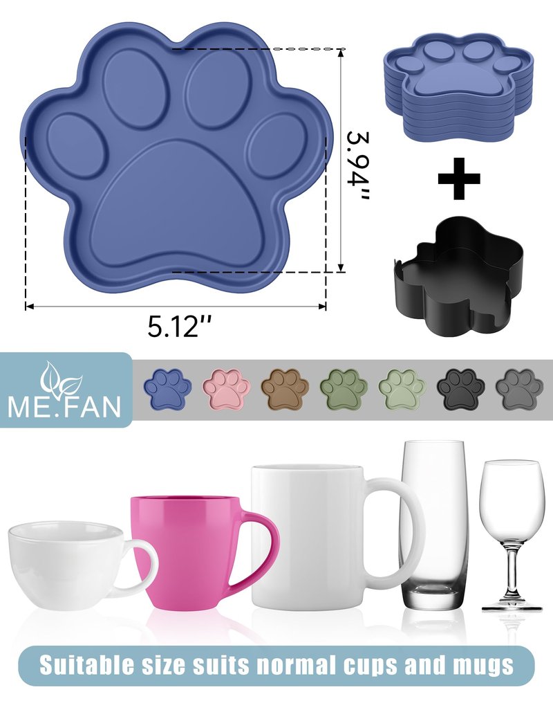 ME.FAN Silicone Coasters 6 Pack Paw Cup Mat with Holder, Dog Cat Paw Shape, for Hot or Cold Drink, Non-Slip, Non-Stick, Room Decor, Housewarming Dusty Rose