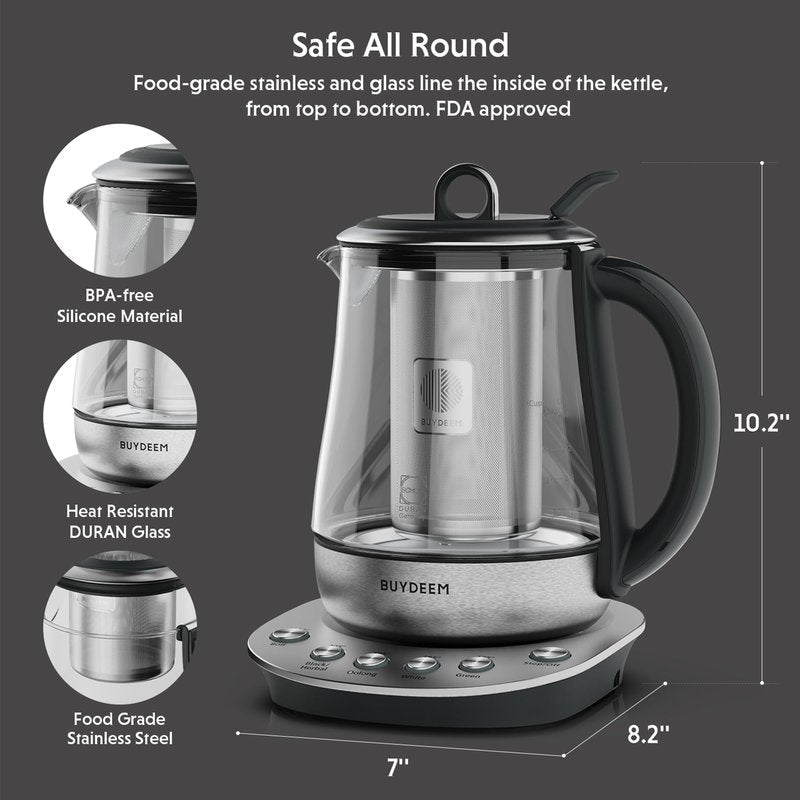 BUYDEEM K2423 Tea Maker, 316 Stainless Steel & Heat Resistant DURAN Glass Electric Kettle, 5 Temperature Settings, Removable Infuser, Auto Keep Warm, 1.2L