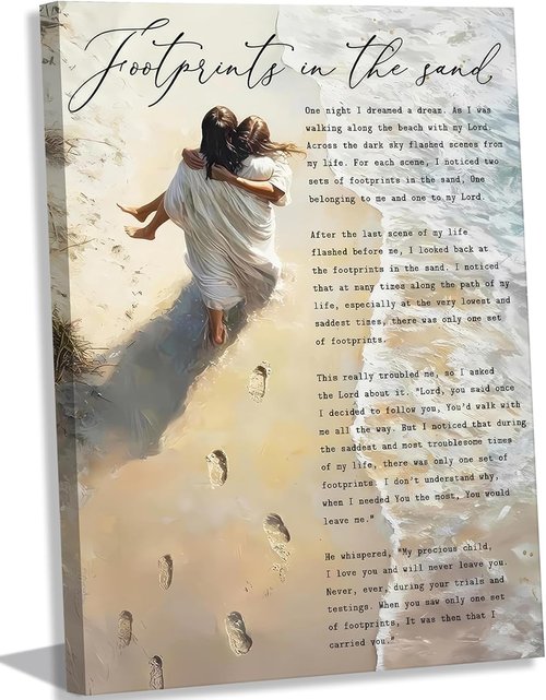 Footprints In The Sand Canvas Wall Art - Christian Inspirational Painting of Jesus & Woman | 12x16in Framed Decor