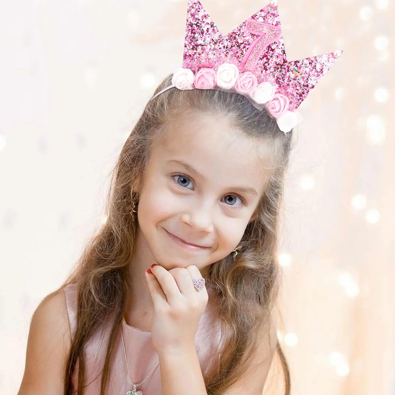 Vovii 7th Birthday Headband & Sash Set - Floral Princess Crown Headband for Birthday Girl Dress Up, Photo Prop & Party Decorations