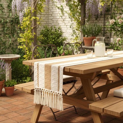FEXIA Boho Table Runner for Hoilday Spring Home Decor with Tassels 60 Inches Long Pottery barn Furniture Farmhouse Rustic Macrame Burlap Table Decoration for Living Room (12x60 Inches)