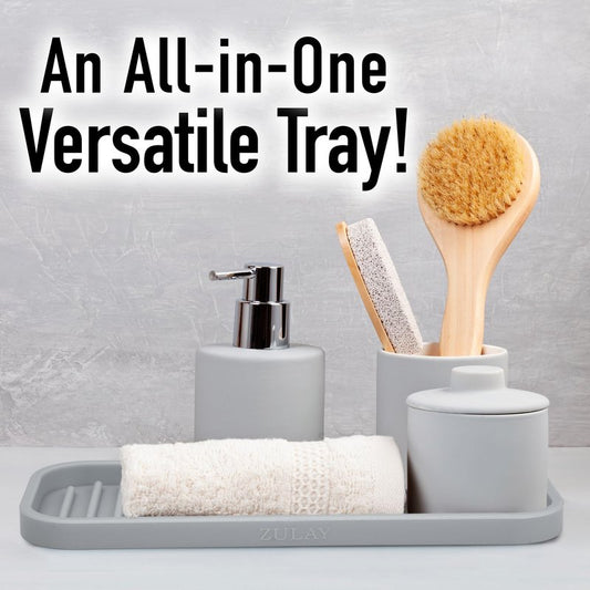 Zulay Kitchen (9x3.5in) Sponge Holder for Kitchen Sink - Flexible Heavy-Duty Multipurpose Sink Caddy - Counter Organizer for Kitchen, Bathroom, Makeup, Trinkets & More! (Grey)