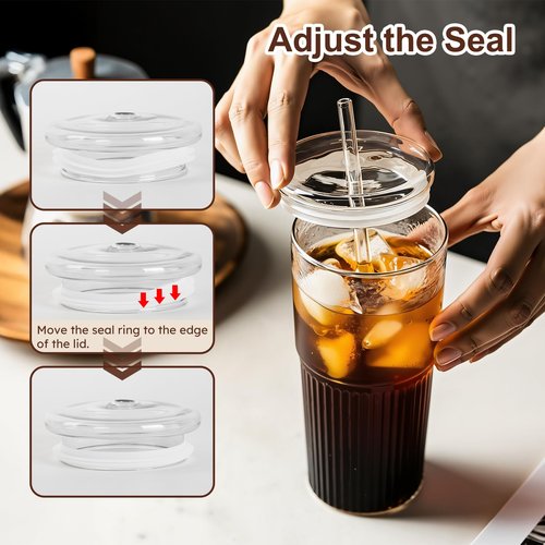 GOSCHE Glass Cups with Lids and Straws, 20oz Glass Cups Drinking Jar, Clear Iced Coffee Cups, Vintage Ripple Glass Tumbler for Water Coffee Tea, Clear, 2Pcs