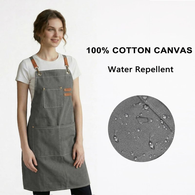 ZOMAO Chef Apron for Women Men with Large Pockets, Cotton Canvas Cross Back Waterproof Work Aprons for Kitchen Cooking Bib (Grey)