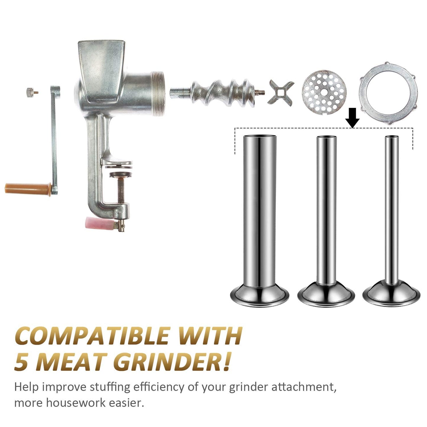 3 Pieces Sausage Stuffer Tubes Stainless Steel Grinder Stuffer Tubes for Size 5 Meat Food Grinder, 3 Sizes