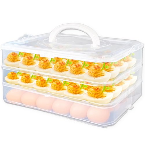 Jgalnim 3 Layer Deviled Egg Trays Containers with Lid,Plastic Refrigerator Egg Carrier with Handle for 72 holes,Clear Storage Platter for Portable Devil Egg,Easter Thanksgiving