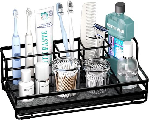 HapiRm Toothbrush Holder - 5-Partition Bathroom Organizer with Instant Drying Stone | Black Stainless Steel