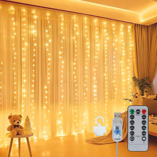 Skiennix 300 LED Fairy Curtain Lights - Dimmable Twinkle Lights with Remote & Timer | 9.8ft x 9.8ft, Warm White