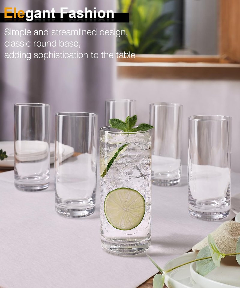 LUNA & MANTHA Drinking Water Glasses Set, Lead-Free Crystal Highball Glass, Tall Glass Cups for Cocktail Parties,Clear set of 6,13oz