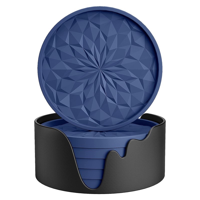 ME.FAN Silicone Coasters with Holder,[6 Pack] Drinking Coasters - Cup Mat for Hot or Cold Drinks, Thickened, Non-Slip, Non-stick,Deep Tray Navy Blue