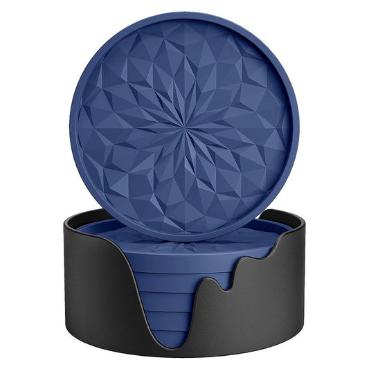 ME.FAN Silicone Coasters with Holder,[6 Pack] Drinking Coasters - Cup Mat for Hot or Cold Drinks, Thickened, Non-Slip, Non-stick,Deep Tray Navy Blue