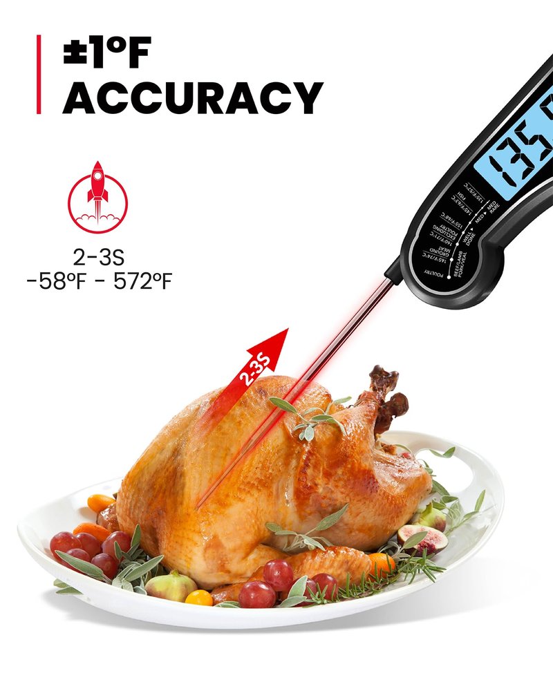 TEMOLA Meat Thermometer, Instant Read Food Thermometer with LCD Backlight Calibration, Waterproof Ultra Fast Digital Cooking Thermometer for Candy Deep Fry Liquids Beef Kitchen Baking Smoker Grill BBQ