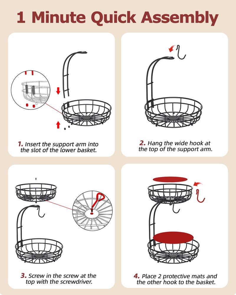 Sevenblue 2 Tier Large Fruit Basket for Kitchen Counter with Removable Banana Hanger - Sturdy Iron Fruit Bowl for Kitchen Counter and Vegetable Holder, Fruit Holder for Kitchen Countertop, Black