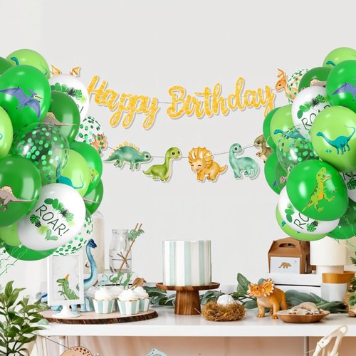 Dinosaur Balloons, 12 Inch Fruit Lime Dark Green White Confetti Balloons with Dinosaur Printed Pattern for Boys Jungle Theme Birthday Party Safari Woodland Baby Shower Decorations