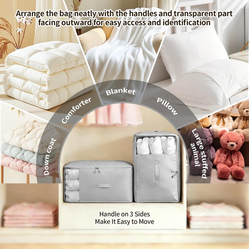 2 Pack Upgrade Comforter Storage Bag with Handle, Space Saving 3-Layer Adjustable In 3 Sizes (142L, 107L, 71L), Compression Blanket Storage Bags, Washable Bedding Organizer For Pillow Duvet Clothing