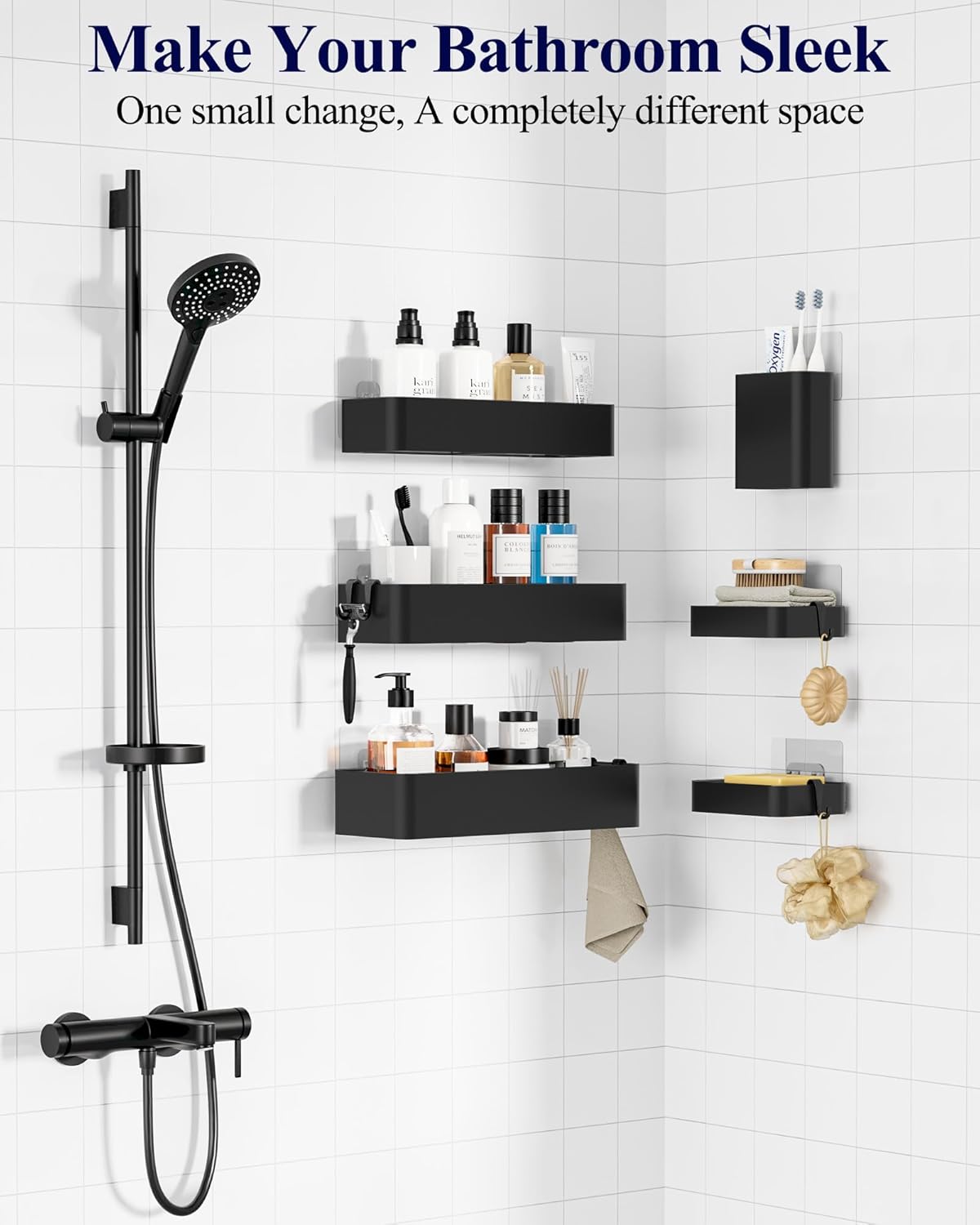 Kitsure Shower Caddy Adhesive - No-Drill Bathroom Organizer with Soap Holder & Hooks | Rustproof, Black