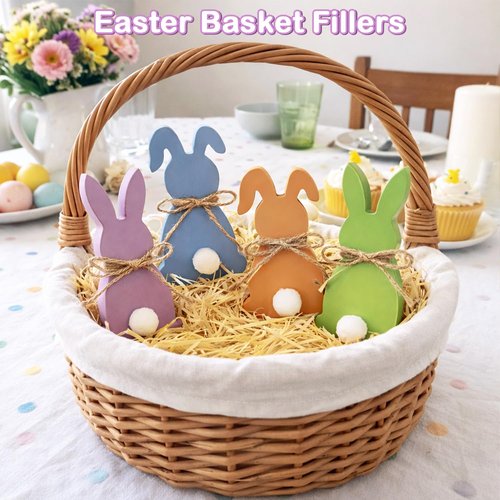 Easter Decorations - Wooden Bunny Peeps Signs 4PCS, Spring Decor with Hemp Rope for Home Table Tiered Tray, Easter Freestanding Centerpiece for Indoor Mantel Shelf Office Party Gifts Basket Stuffers