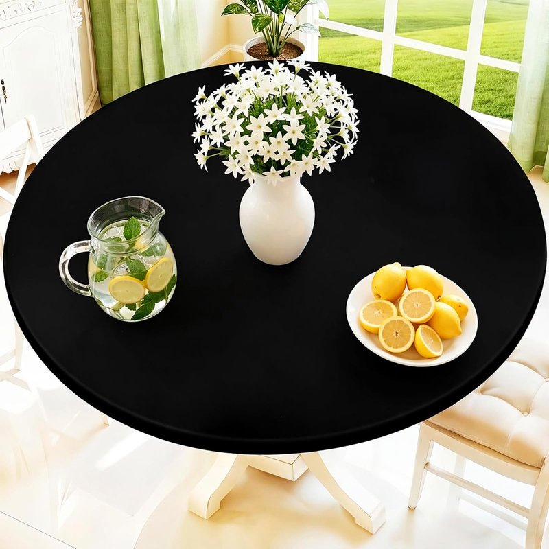 Moosfor Round Spandex Tablecloth, Elastic Fitted Waterproof Tablecloths for 36"-44" Tables, Stretch Washable Picnic Table Cover for Camping, Dining, Indoor and Outdoor, Black