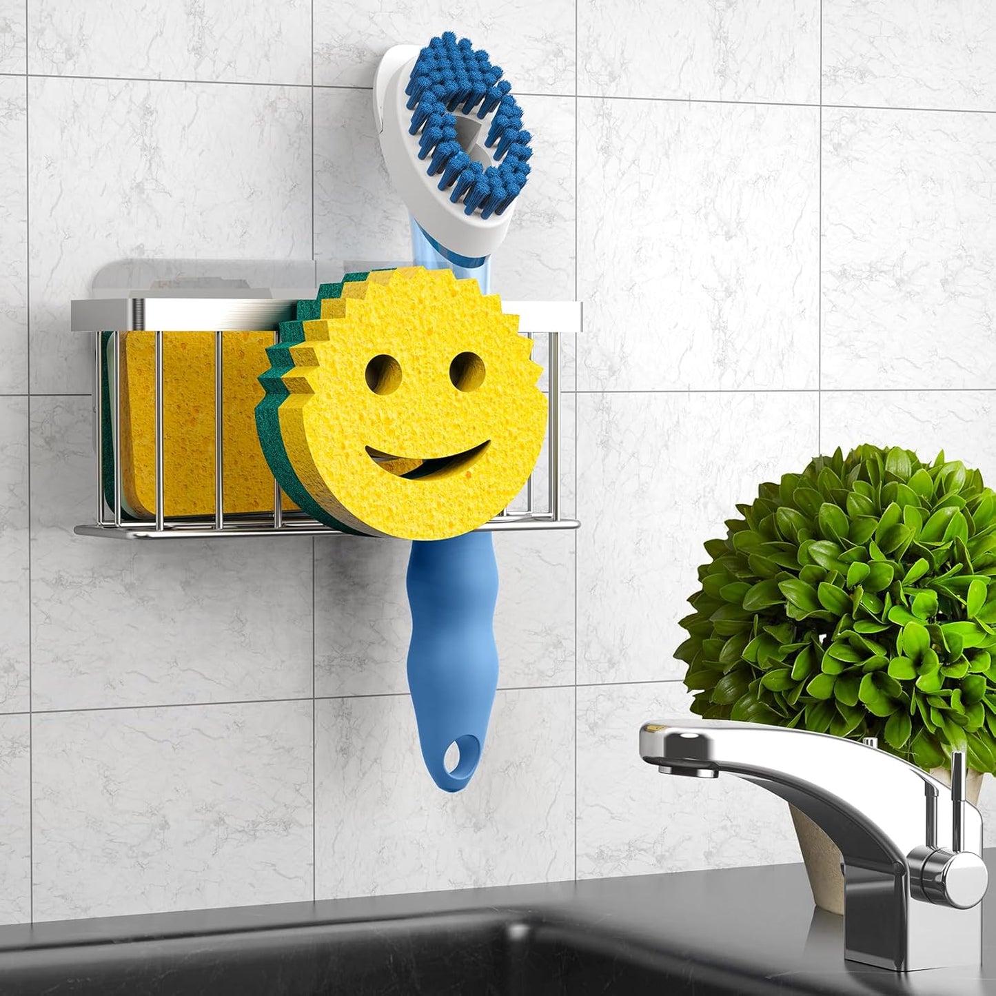 MURLONG Sponge Holder - Smiley Face Sink Caddy with 2 Suction Cups & Adhesive Strip | Silver