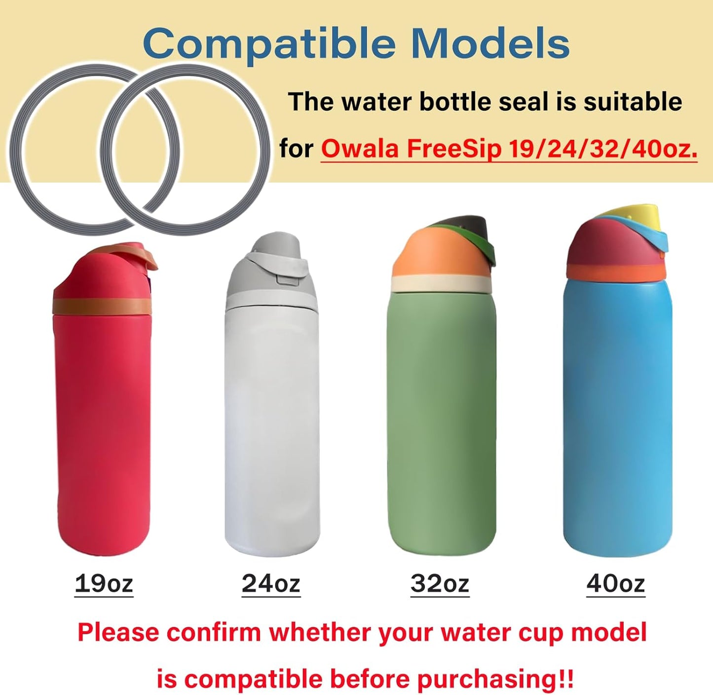 6-Pack Water Bottle Gasket Replacement | Silicone Lid Seal O-Rings for 19/24/32/40oz Cups - Gray