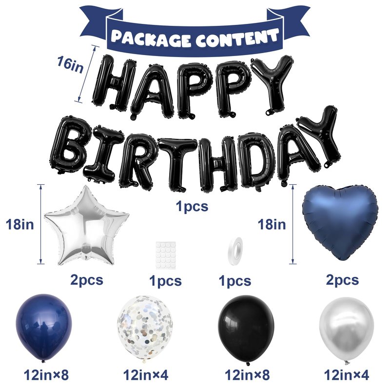 Navy Blue and Black Birthday Decorations for Men,Blue Black White Balloons Happy Birthdays Balloon Banner Silver Confetti Balloons for Men Boy Girls Women Adults Birthday Party Decorations