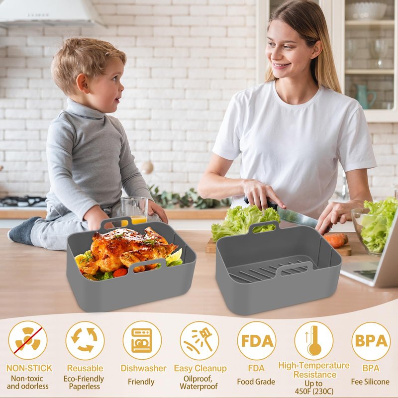 Silicone Air Fryer Liners 10QT, Reusable Airfryer Basket Liners for Ninja DZ550/DZ401, 2Pcs 5QT Large Air Fryer Accessories, Dishwasher safe (8.46 * 5.9 inch （10 QT）, DZ401 - Black)
