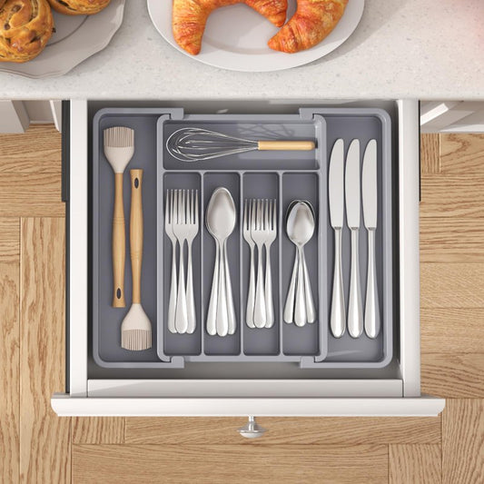 Lifewit Silverware Drawer Organizer, Expandable Utensil Tray for Kitchen, BPA Free Flatware and Cutlery Holder, Adjustable Plastic Storage for Spoons Forks Knives, 8.5-14 x 12", Gray