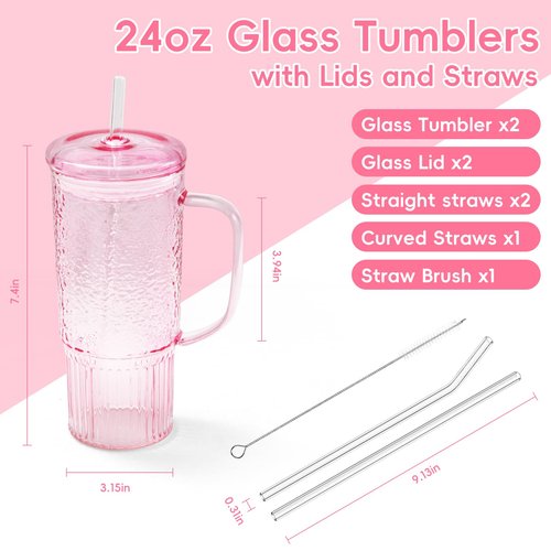GOSCHE Glass Cups with Lids and Straws, 24oz Glass Tumbler with Straw and Lid, Iced Coffee Cups with Handle for Smoothie Juice Water Tea, Pink, 2 Pack