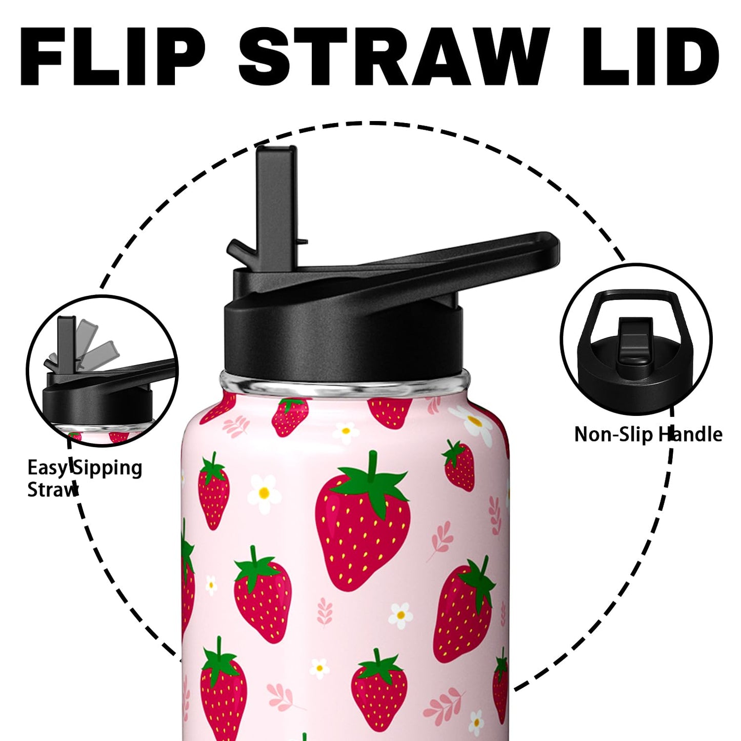 Strawberry Water Bottle 32oz Vacuum Insulated Thermoses with Straw Lid Strawberry Gifts for Women Strawberry Stuff Things for Girls Cute Travel Tumbler Cup Mug