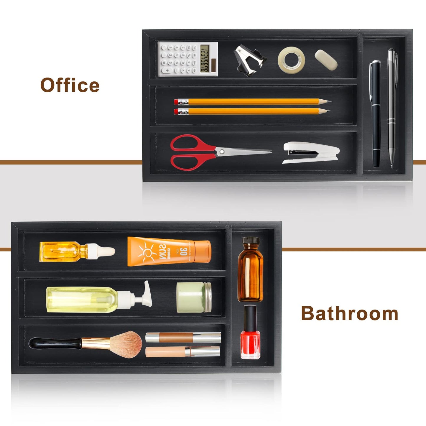 Small Silverware Organizer Narrow Wooden Cutlery Tray 12"x6.7" Spoon Kitchen Utensil Holder for Drawer Divider Bamboo Cutlery Drawer Organizers Storage Black Wood Silverware Tray Flatware Organizer