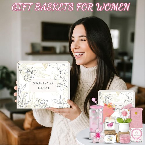 Happy Birthday Gifts for Teen Girls Women, Unique Mothers Day Gifts for Mom, Gift Baskets for Her Self Care Thank You Get Well Present Set for Teacher, 14pcs Cute Rose Box Girlfriend Wife (Pink)