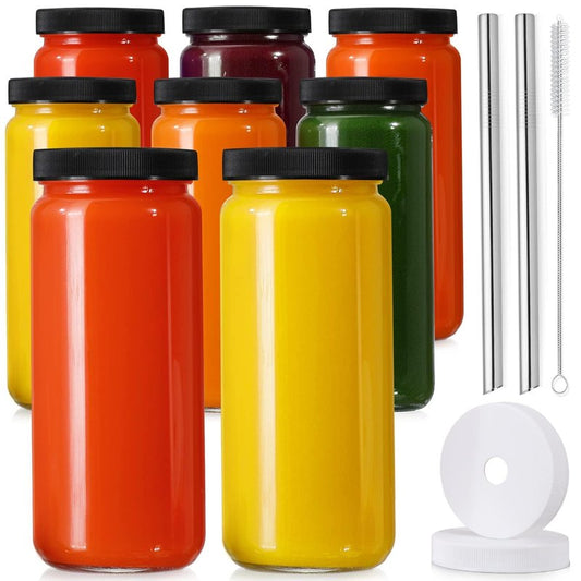 8 Pack Glass Juice Bottles with 8 Airtight Lids & 2 Straw Hole Lids & 2 Straws - 16OZ Travel Juicing Jars, Drinking Water Cups - Reusable Tall Mason Jar for Juice, Bubble Tea, Smoothie, Kombucha
