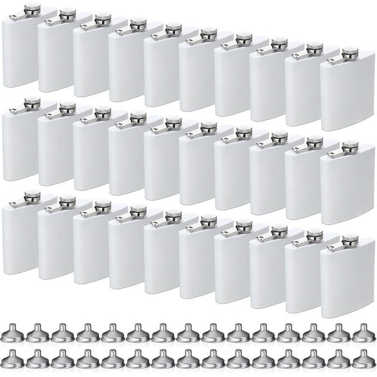 Hoolerry 30 Pieces Hip Flasks Set Stainless Steel Liquor Flask with Funnel Metal Leak Proof Flask Pocket Whiskey Flasks for Men Women Bridesmaid Wedding Party Supplies (6 oz,White)