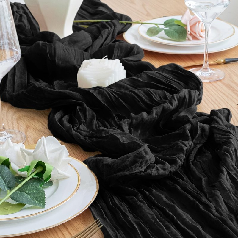 Xiomot Table Runner Cheesecloth 10FT Black Boho Gauze Cheese Cloth Rustic Sheer Table Runners for Wedding Birthday Bridal Baby Shower Party Decoration