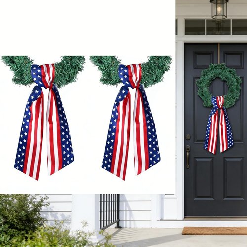 Dream Loom Patriotic Wreath Sash - 2pcs Red, White & Blue Stripe Satin Accessories for 4th of July Decor