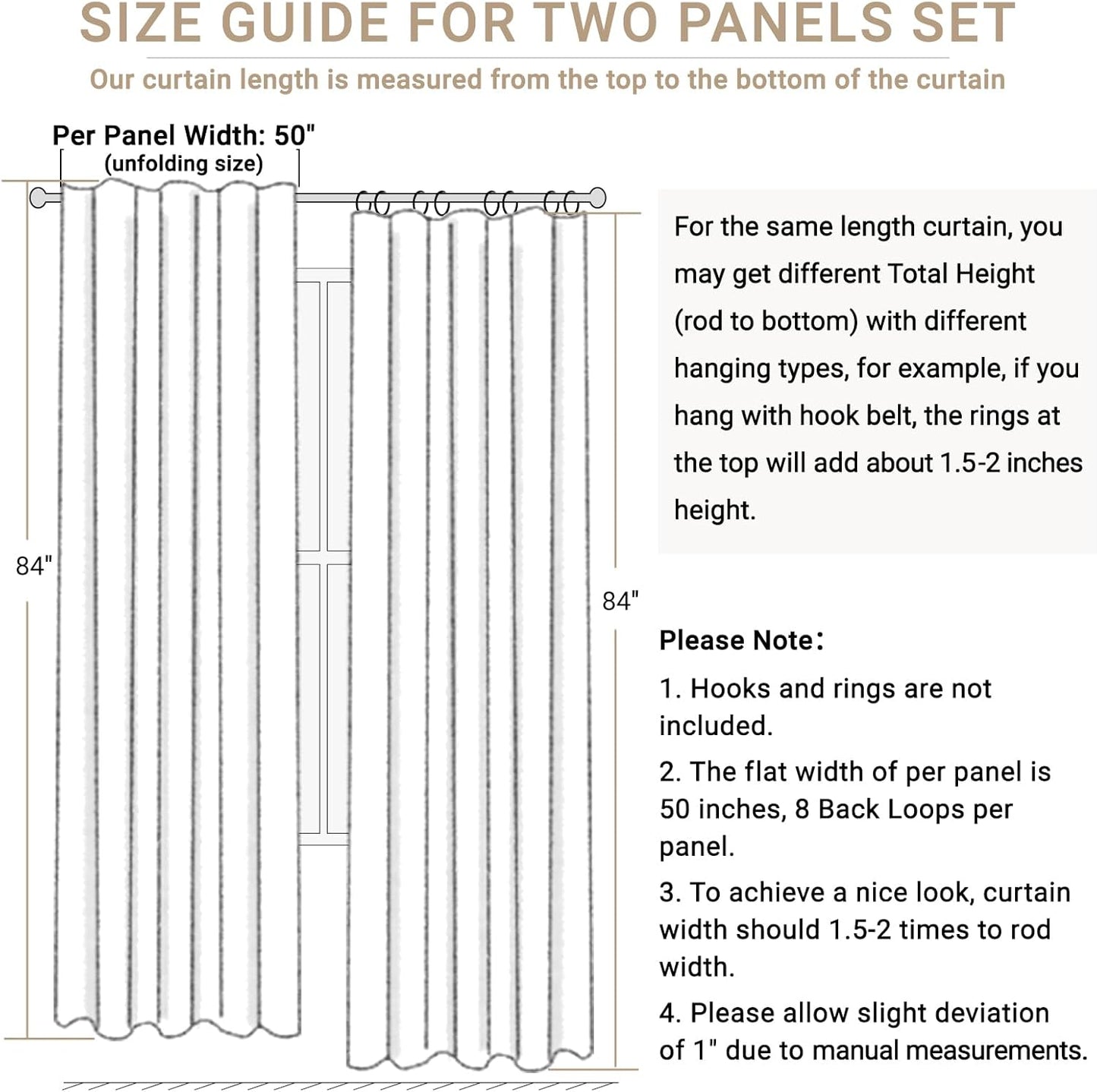 Skiennix 100% Blackout Linen Curtains - Thermal Insulated Drapes for Bedroom | 84" Long, Beige, 2 Panels Set