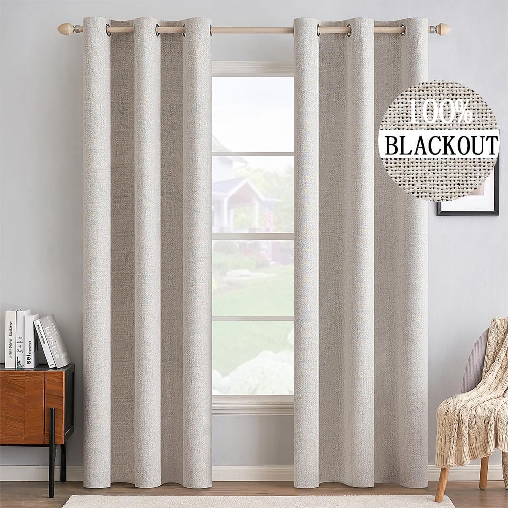 MIULEE 100% Blackout Linen Textured Curtains - Thermal Insulated Ivory Drapes | 42 x 84 Inch (2 Panels)