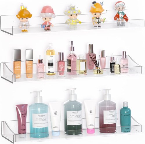 Clear Acrylic Floating Shelves by [Brand Name] - Versatile Wall Organizer for Bathroom, Bedroom & Living Room | 3-Pack