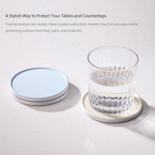 Hoomey Set of 6 Beige and Blue Coasters with Holder, Absorbent Ceramic Drink Coasters with Cork Backing for Table Protection, Table Decor, Housewarming Gifts