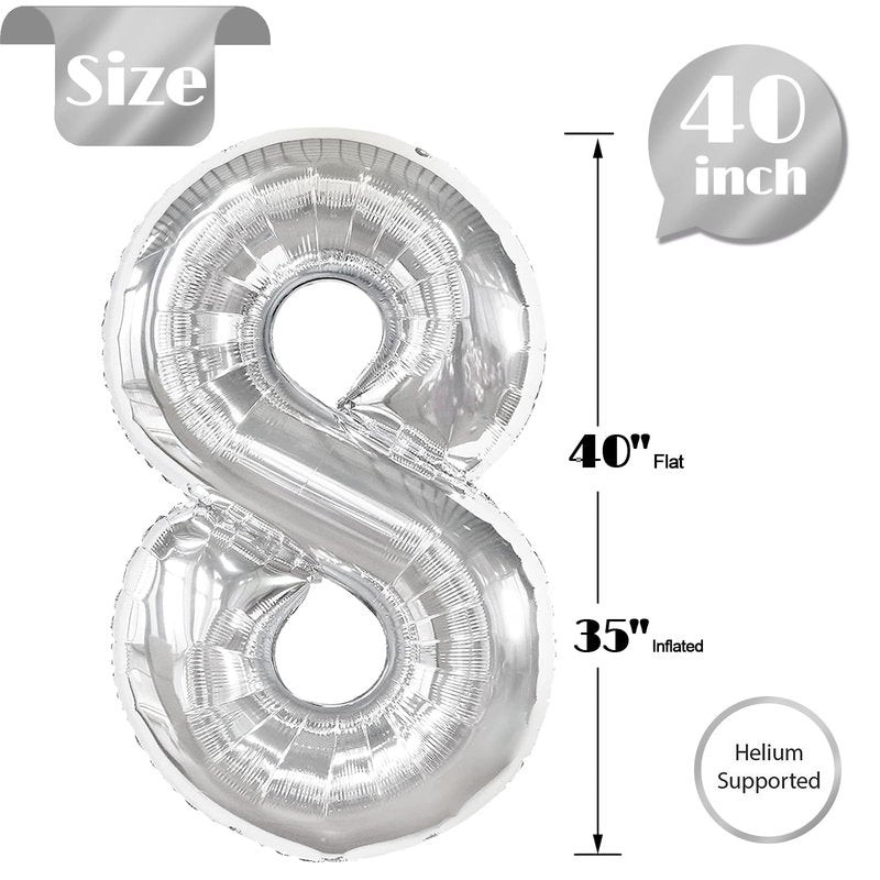 Silver 8 Balloon, Number Balloons 40 Inch, 8th Birthday Decorations for Boys Girls, Silver Birthday Balloons, Silver Party Supplies, Number 8 Balloon
