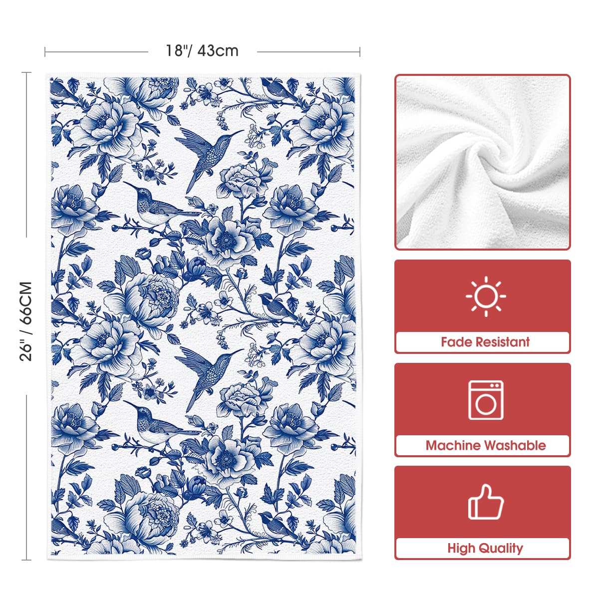 Artoid Mode Blue Hummingbird Flowers Kitchen Towels Dish Towels, 18x26 Inch Farmhouse Royal Blue Porcelain Decoration Hand Towels Set of 2