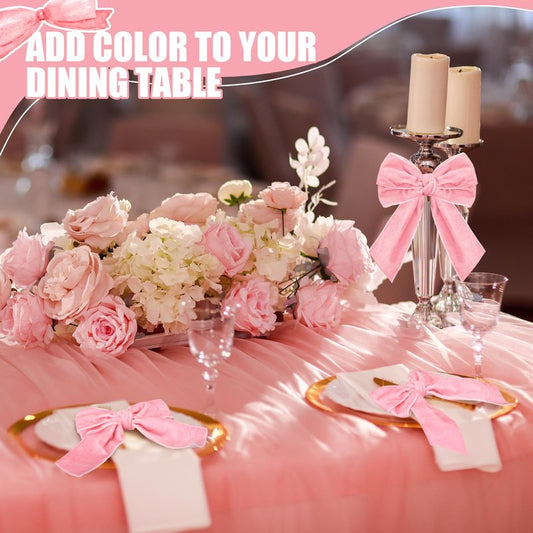 Maxdot 12 Pcs Bow Napkin Rings Set, Velvet Napkin Holders Buckles 4 x 4.9 Inch Serviette Rings for Family Dinner, Wedding, Party, Banquet, Table Decorations (Pink)