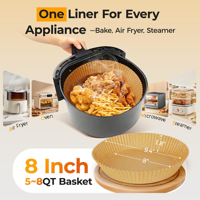 125Pcs Air Fryer Paper Liners Disposable, Non-Stick Air Fryer Parchment Paper, Food Grade Baking Liner for Baking Roasting Microwave (8IN-Round)
