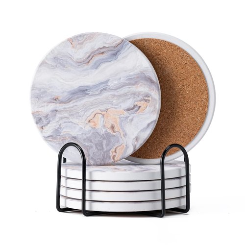 Hoewina 6Pcs Drink Coasters with Holder, Marble Style Ceramic Drink Coaster, Absorbent Coasters Set Suitable for Kinds of Cups, Modern Style Coasters for Coffee Table, 4 Inches（Style 8）