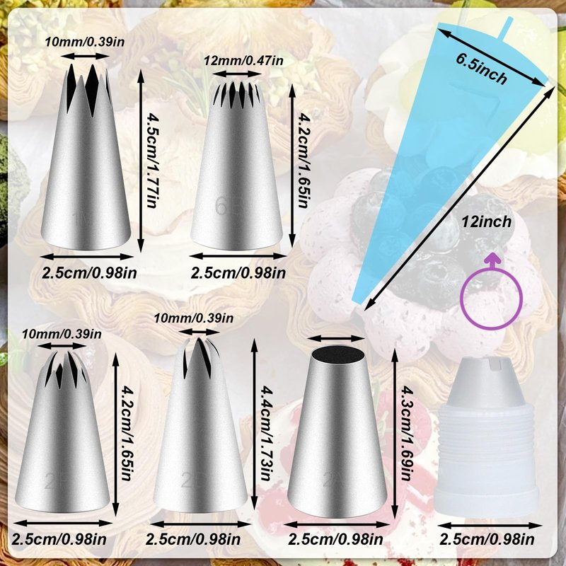 Large Piping Tips Set, Piping Bags and Tips Set 5 PCS Stainless Steel Frosting Tips for DIY Pastry Dough, Cookie, Cupcake, Cake (1M 2D 2F 6B 2A)