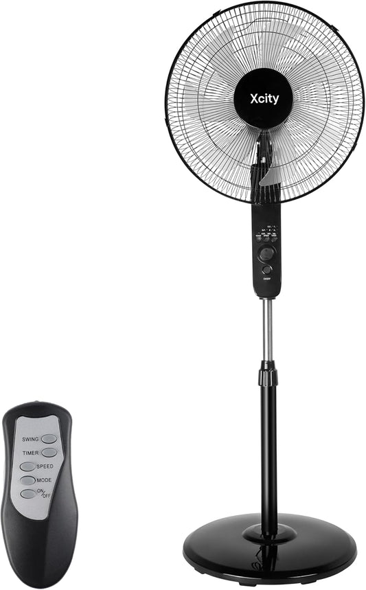 Xcity 16-Inch Oscillating Pedestal Fan - High Velocity, Remote Control, Adjustable Height & Tilt | Quiet Operation for Bedroom & Office, Black