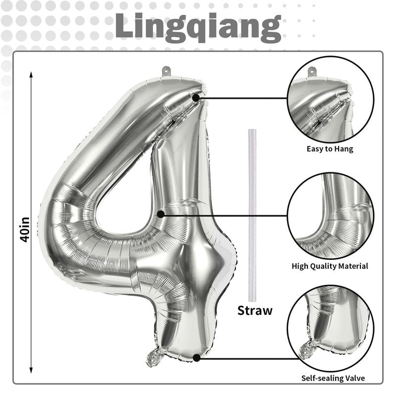 Silver Number Balloons, 40inch Large Number 4 Foil Helium Balloons for Girls Women, Self Inflating Number Balloons 0-9 for Men Boys 4th 14th 40th Birthday Anniversary Party Celebration Decoration